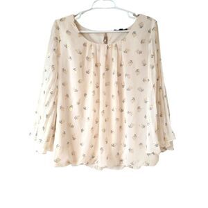 Sara Michelle floral beige blouse butterfly sleeves PXL